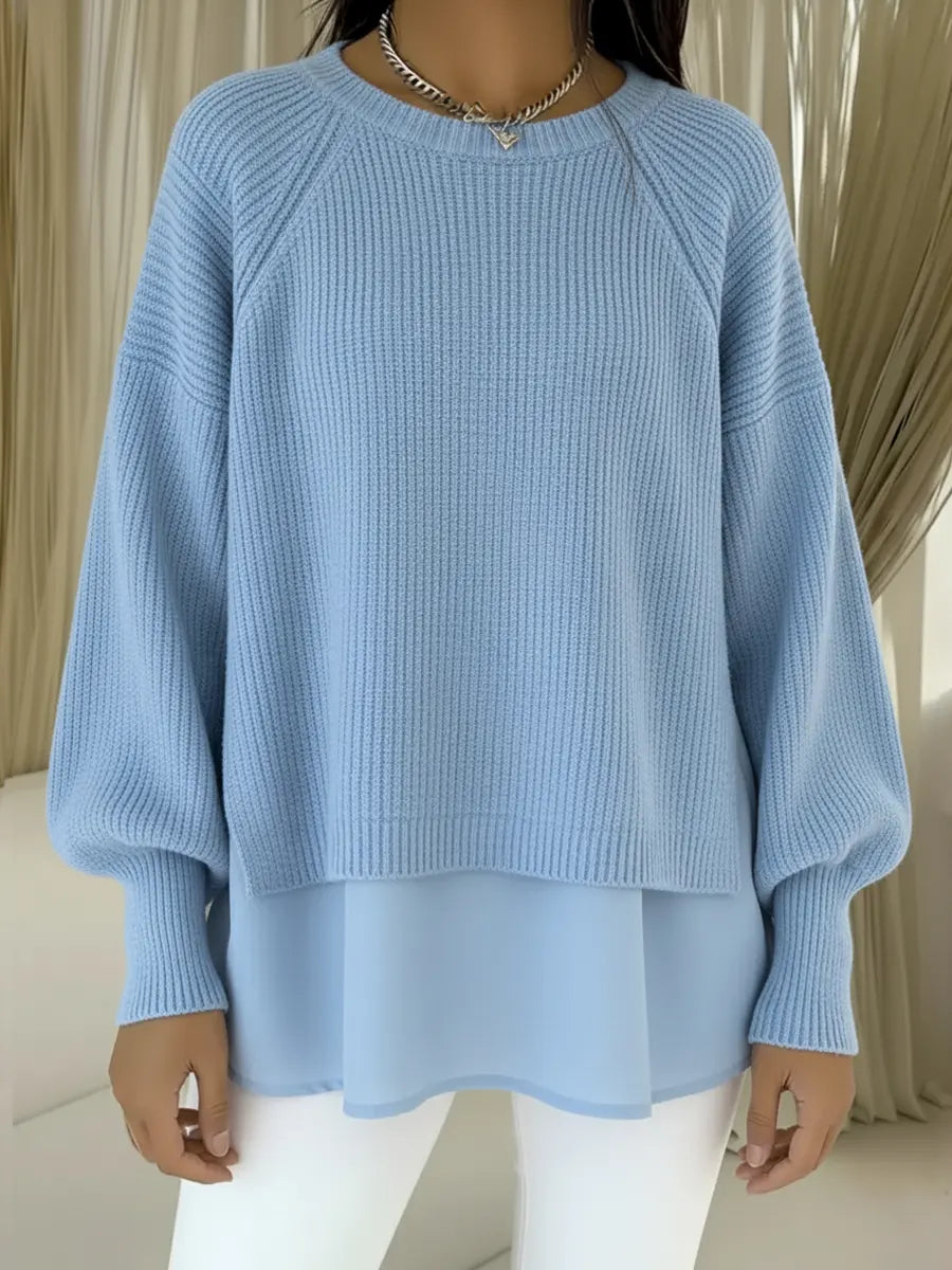 Women's Comfortable Patchwork Faux Two-piece Lantern Sleeve Sweater