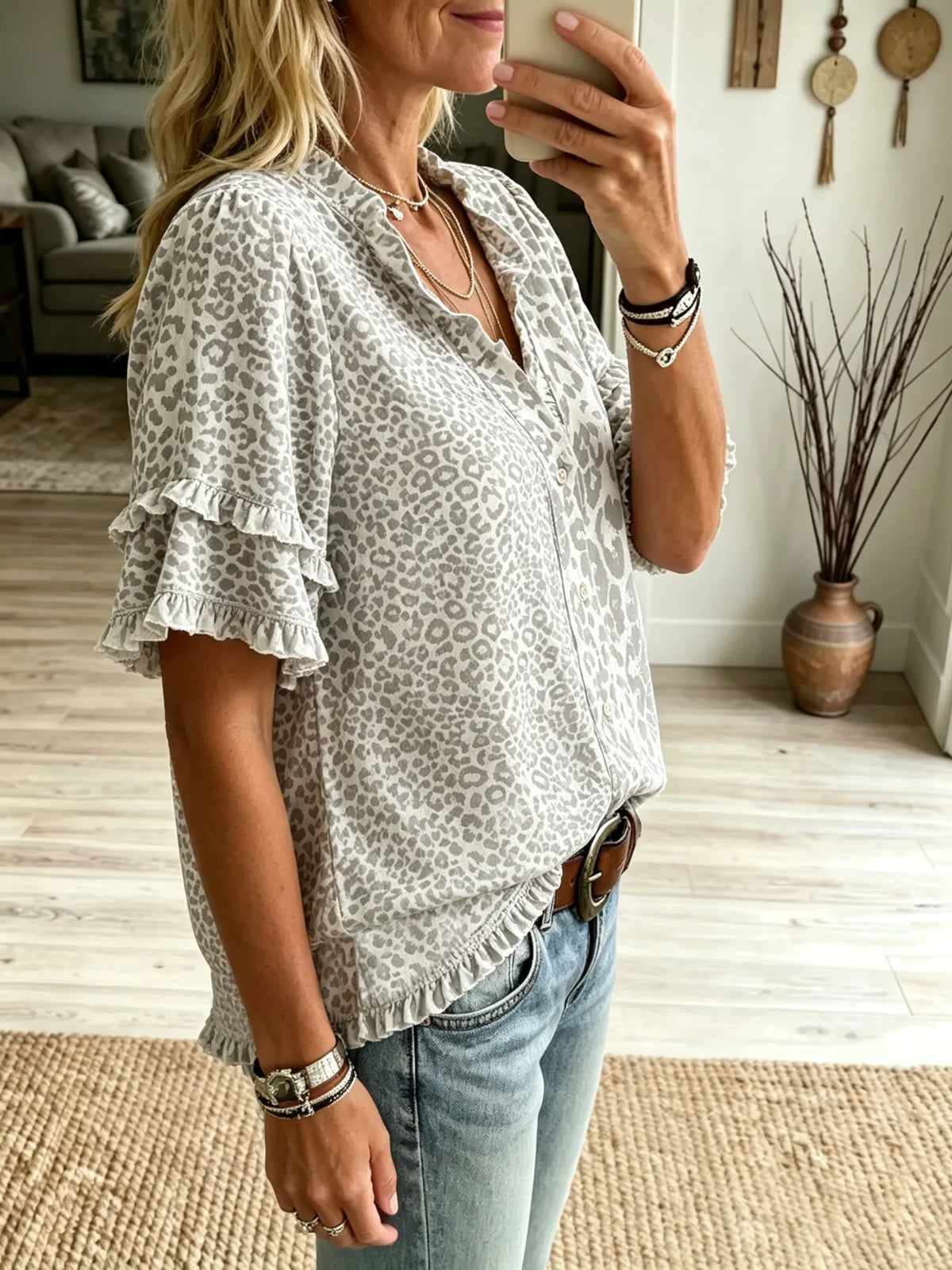Women's Light Grey Leopard Print Ruffle Short Sleeve Blouse