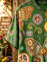 Unisex Green Butterfly Flower Peace Sign Print Short Sleeve T-Shirt