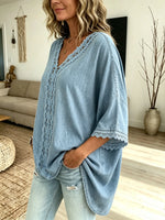Women's Full Lace V-Neck Loose 3/4 Sleeve Denim Top