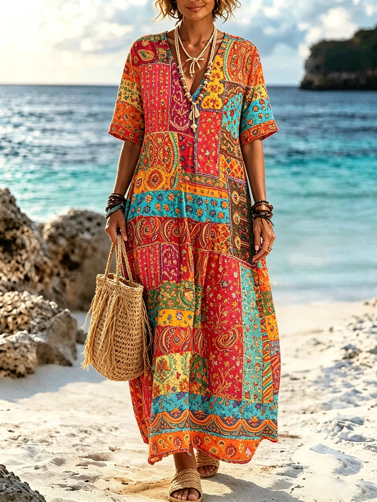 Women Color Block Paisley Tiny Floral Patchwork Print V Neck Maxi Dress