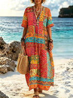 Women Color Block Paisley Tiny Floral Patchwork Print V Neck Maxi Dress