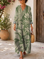 Retro Floral Pattern Art Print Casual V-neck Long Sleeve Cotton Linen Maxi Dress