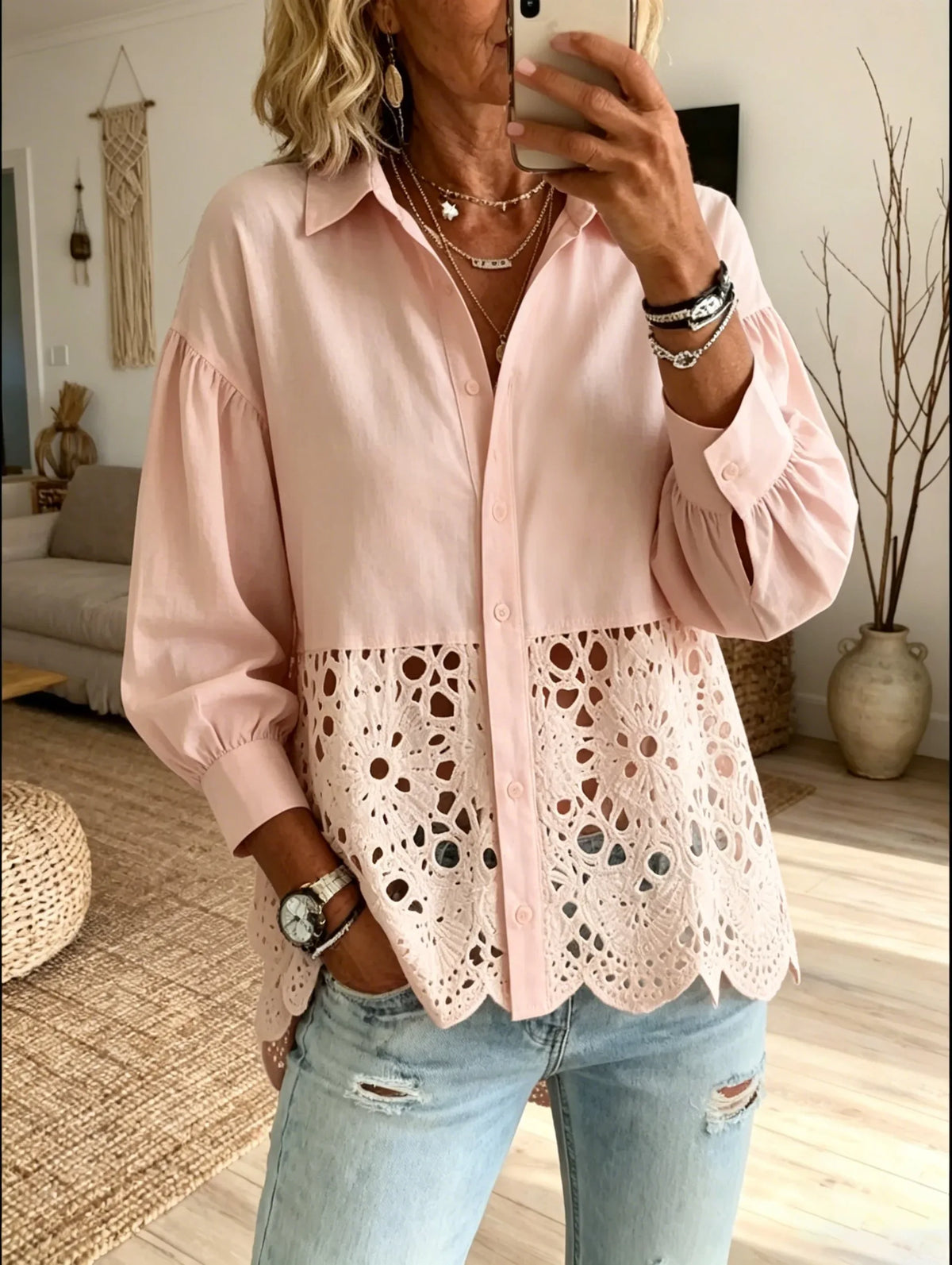 Women's Solid Color Hollow Embroidery Lapel Long Sleeve Shirt