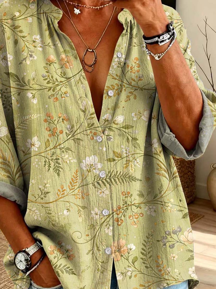 Women's Floral Pattern Art Print Casual Long Sleeve Cotton Linen Shirt