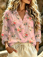 Women's Floral Art Print Casual Long Sleeve Lapel Linen Shirt