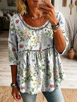 Women's Floral Pattern Art Print Casual Hollow Short Sleeve Linen Shirt