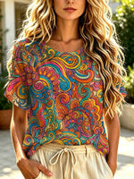 Women's Hippie Floral Pattern Art Print Casual Short Sleeve Cotton Linen T-shirt