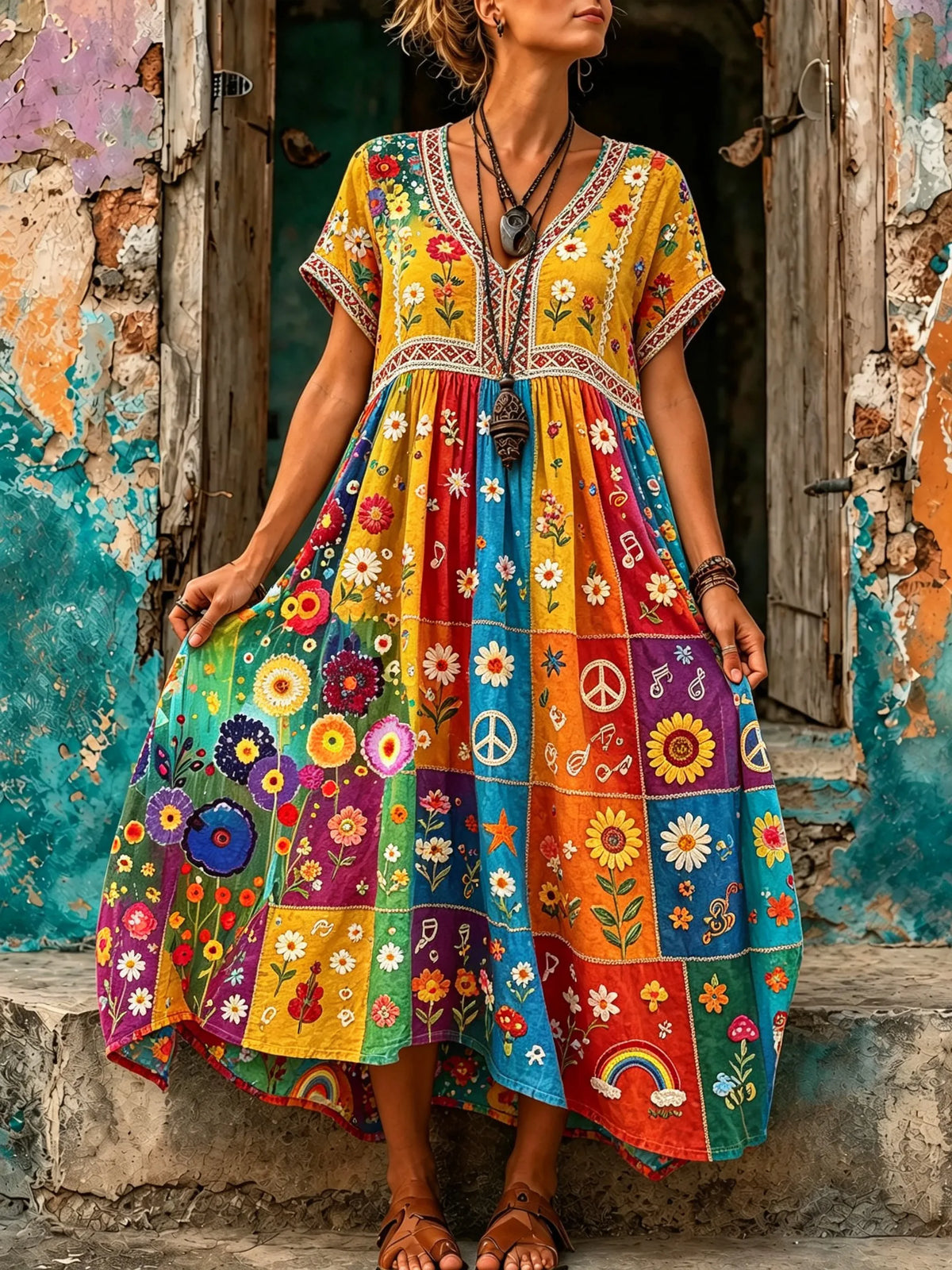 Women Check Multi Element All Over Print Maxi Dress