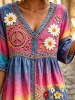 Women's Rainbow Tie-Dye Daisy Peace Sign Lace Patchwork Print V-Neck 3/4 Sleeve Denim Midi Dress