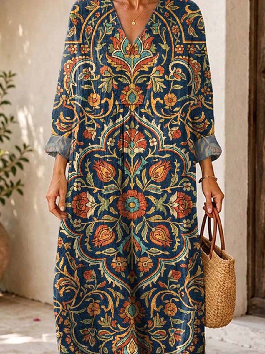 Retro Floral Pattern Art Print Casual V-neck Long Sleeve Cotton Linen Maxi Dress