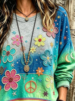 Women Teal Gradient Starry Floral Peace Sign Embroidery Oversized Sweatshirt
