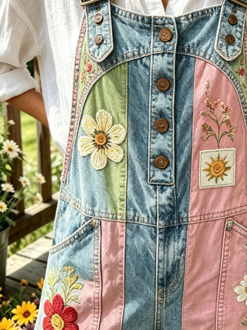 Women's Vertical Striped Colour Floral Washed Denim Overalls