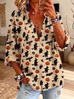 Vintage Elegant Button Long Sleeve Cotton And Linen Pumpkin Print Shirt