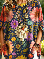 Women's Floral Pattern Art Print Casual Short Sleeve Cotton Linen Shirt