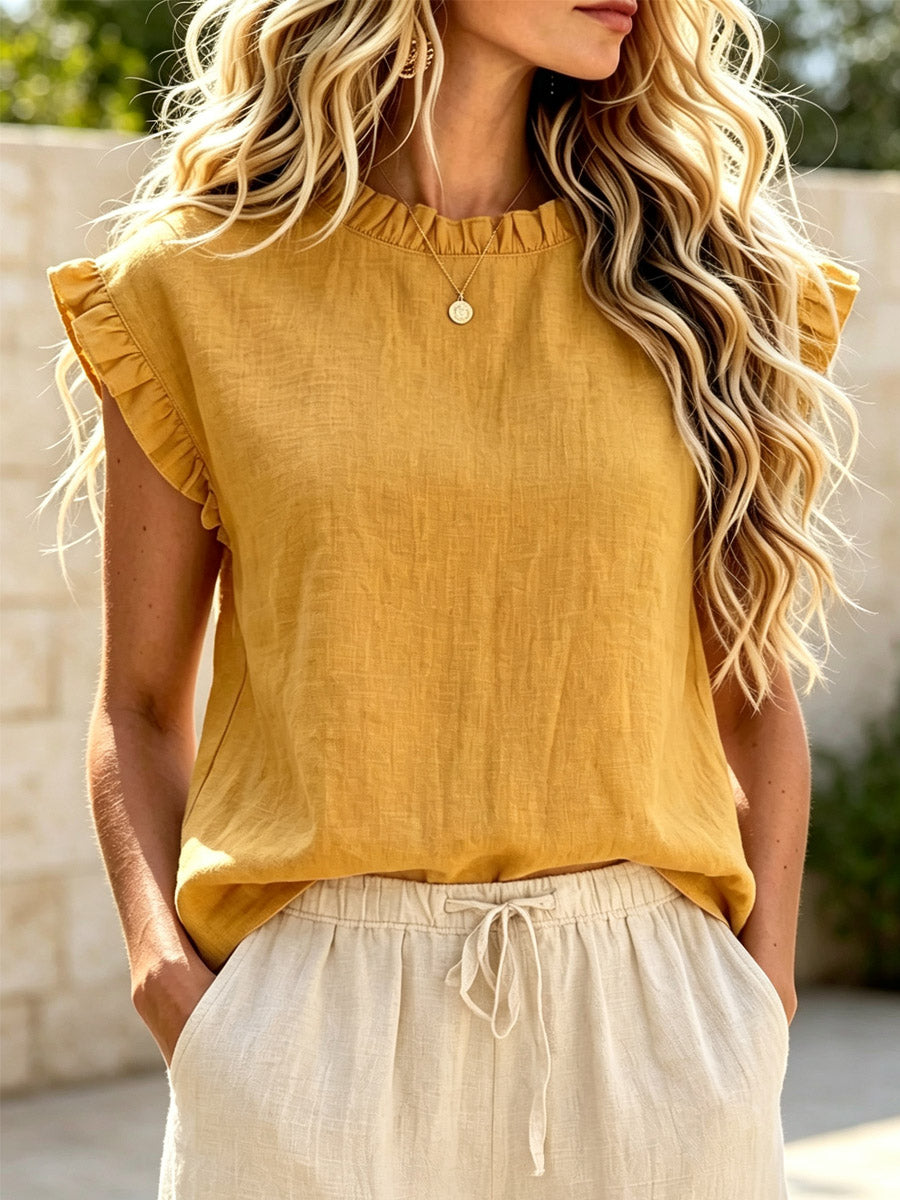 Women's Solid Color Ruffle Art Short Sleeve Cotton And Linen Shirt