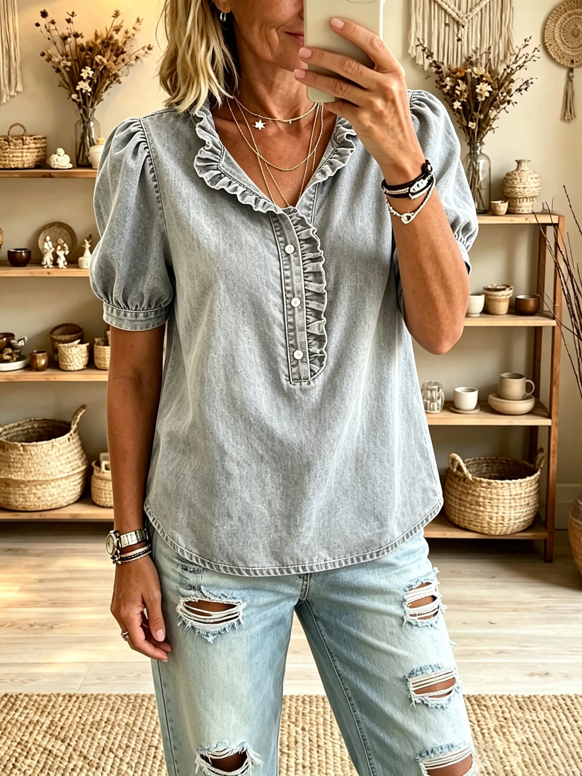 Women's Washed Denim Ruffled V-Neck Puff Short Sleeve Top
