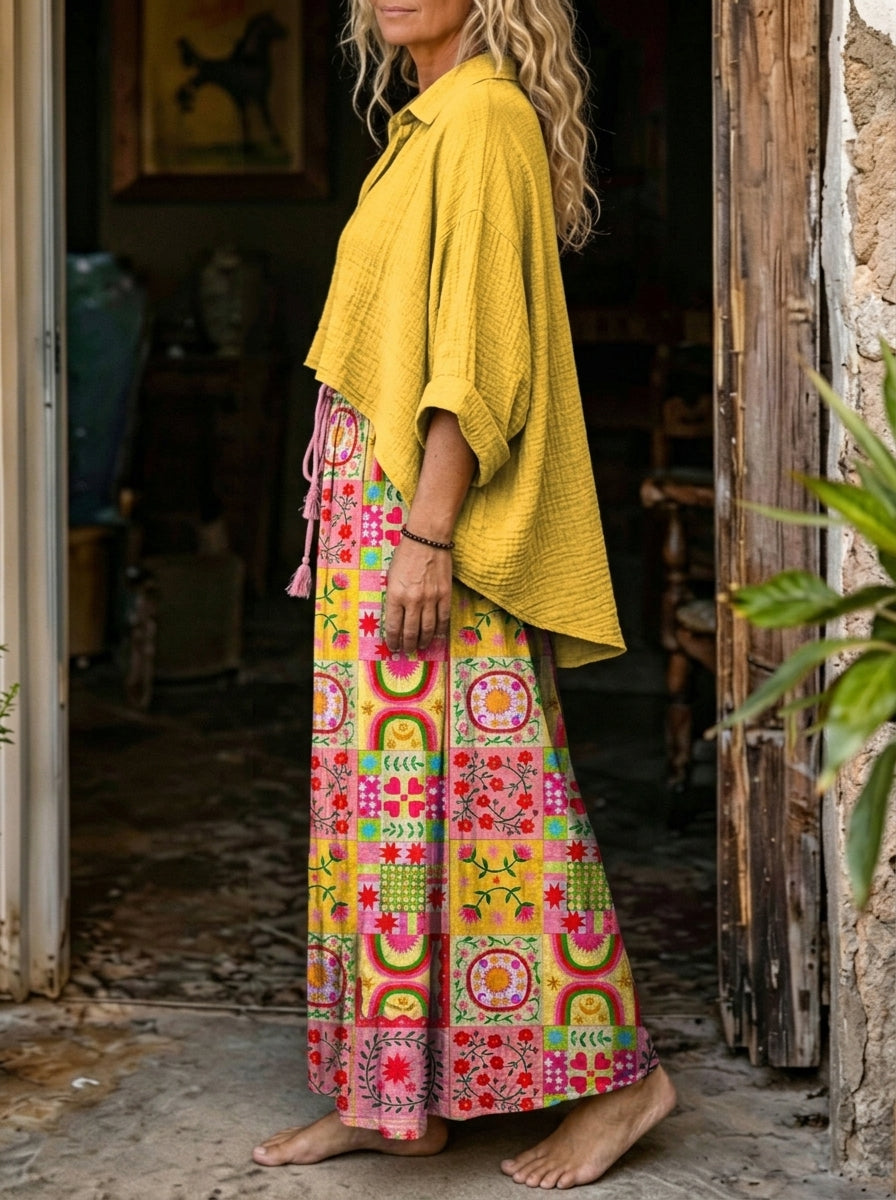 Women's Bright Yellow Oversized Shirt & Patchwork Floral Wide Leg Pants Boho 2 Piece Set