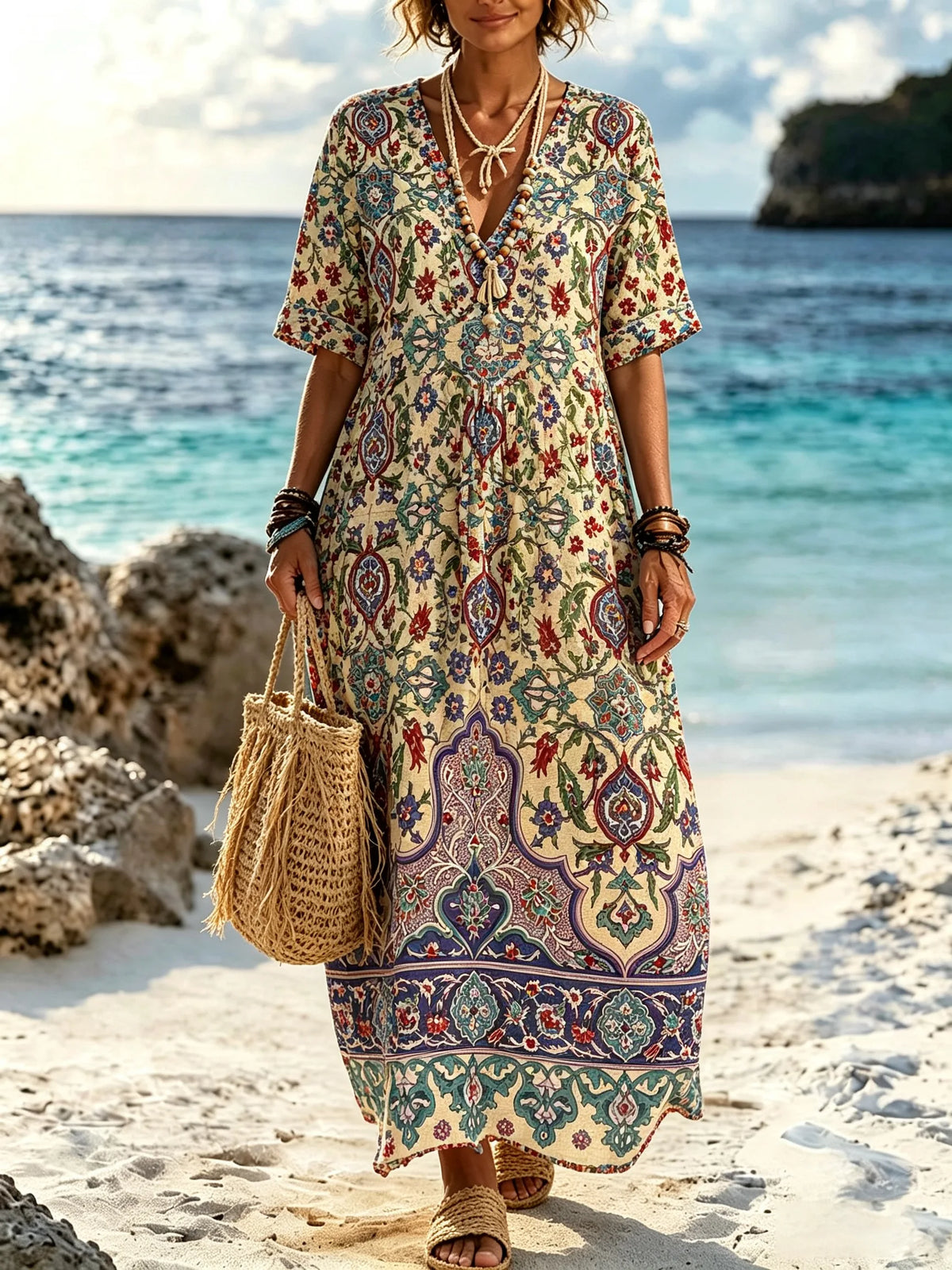 Women Vintage Persian Floral Paisley All Over Print V Neck Maxi Dress
