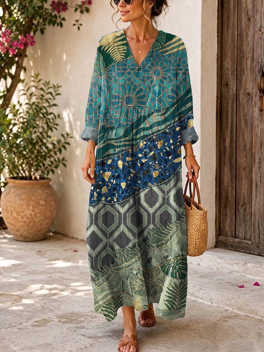 Retro Floral Patchwork Pattern Art Print Casual V-neck Long Sleeve Cotton Linen Maxi Dress