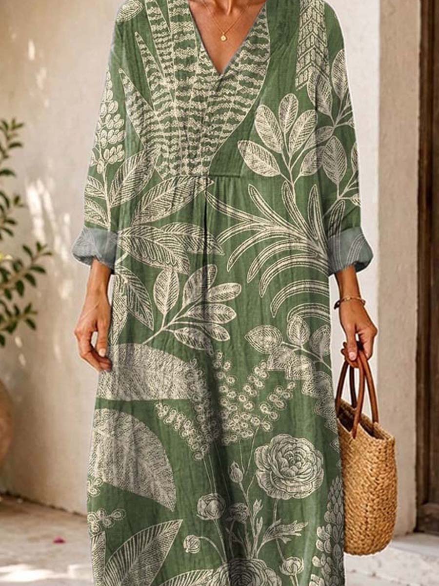 Retro Floral Pattern Art Print Casual V-neck Long Sleeve Cotton Linen Maxi Dress