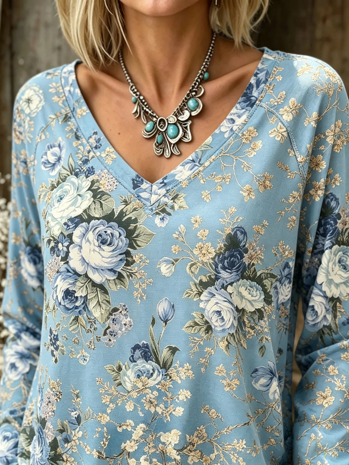 Women's Blue Rose Floral Art Print Long Sleeve Top