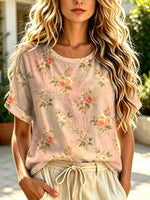 Women's Floral Pattern Art Print Casual Short Sleeve Linen T-shirt