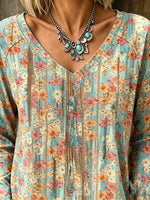 Women Vintage Ditsy Floral Art Print Long Sleeve Top