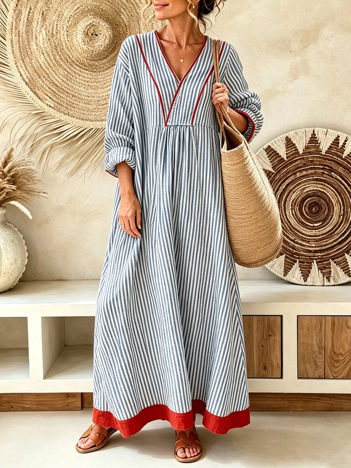 Women’s Blue White Vertical Stripe Red Trim Color Block Thin Geometric Print V-Neck Loose Swing Maxi Dress