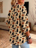 Vintage Elegant Button Long Sleeve Cotton And Linen Pumpkin Print Shirt
