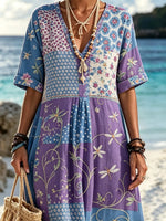 Women Purple Blue Patchwork Dragonfly Tiny Floral Print Maxi Dress