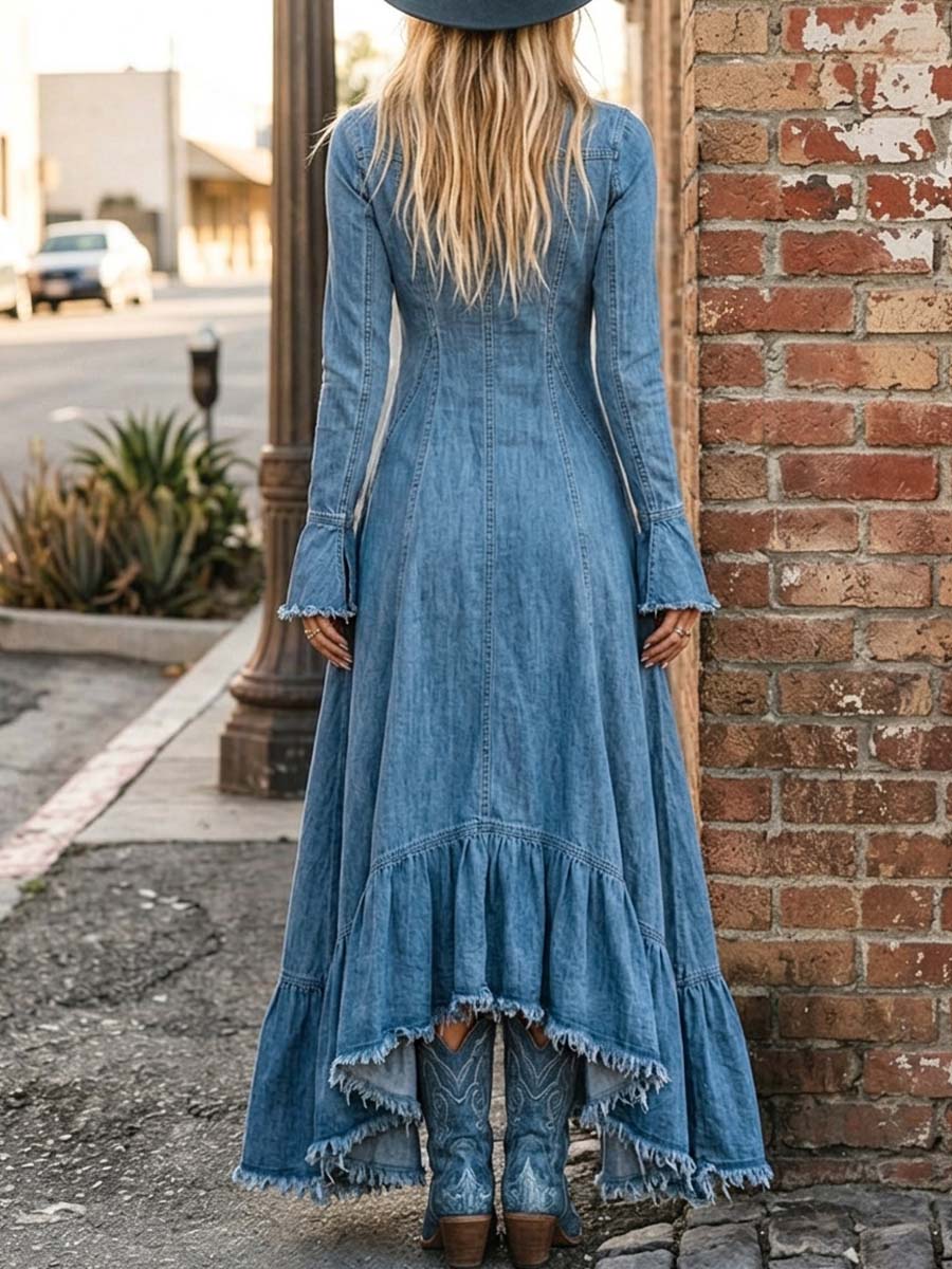 Women's Retro Zip Ruffle Hem Art Casual V Collar Long Sleeve Denim Dress
