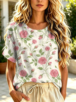 Women's Floral Pattern Art Print Casual Short Sleeve Cotton Linen T-shirt