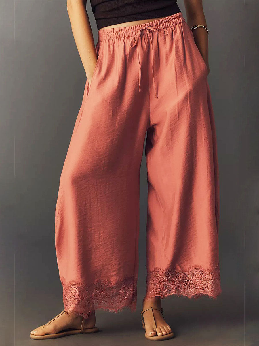 Women's Solid Color Lace Stylish Art Casaul Ice Silk Wide Leg Pants