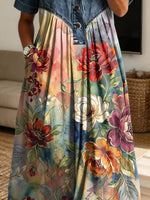 Vintage Floral Pattern Art Print Casual Stylish Lapel Denim Patchwork Dress