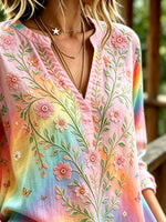 Women's Rainbow Gradient Floral Butterfly Embroidery V-Neck 3/4 Sleeve Top