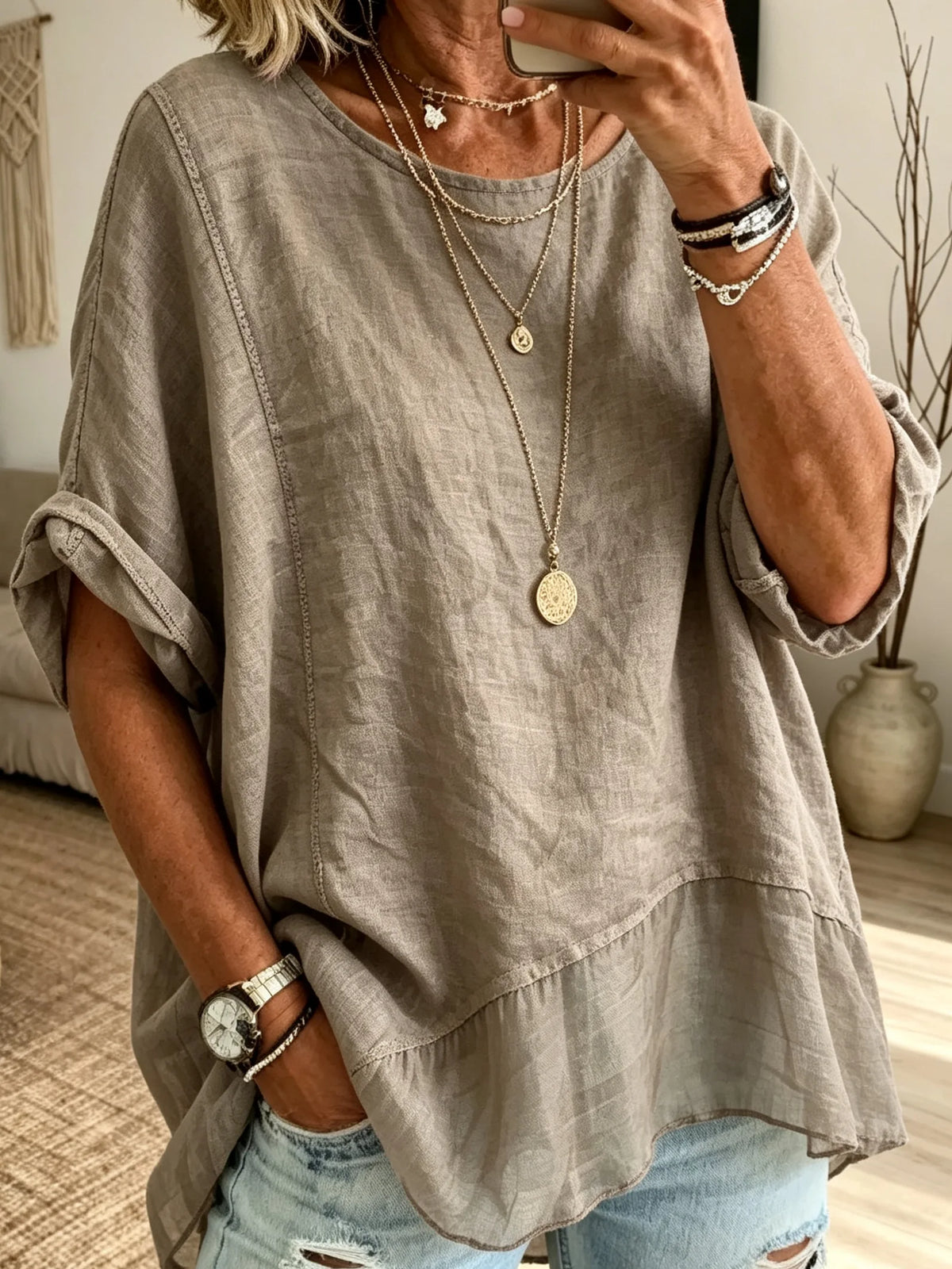 Women Solid Textured Patch 3/4 Sleeve Linen Blouse