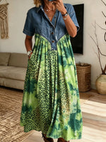 Women’s Green Tie-Dye Leopard Print Loose Dress