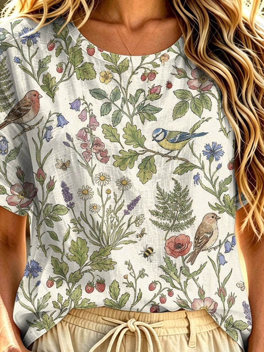 Women's Floral Birds Pattern Art Print Casual Short Sleeve Cotton Linen T-shirt
