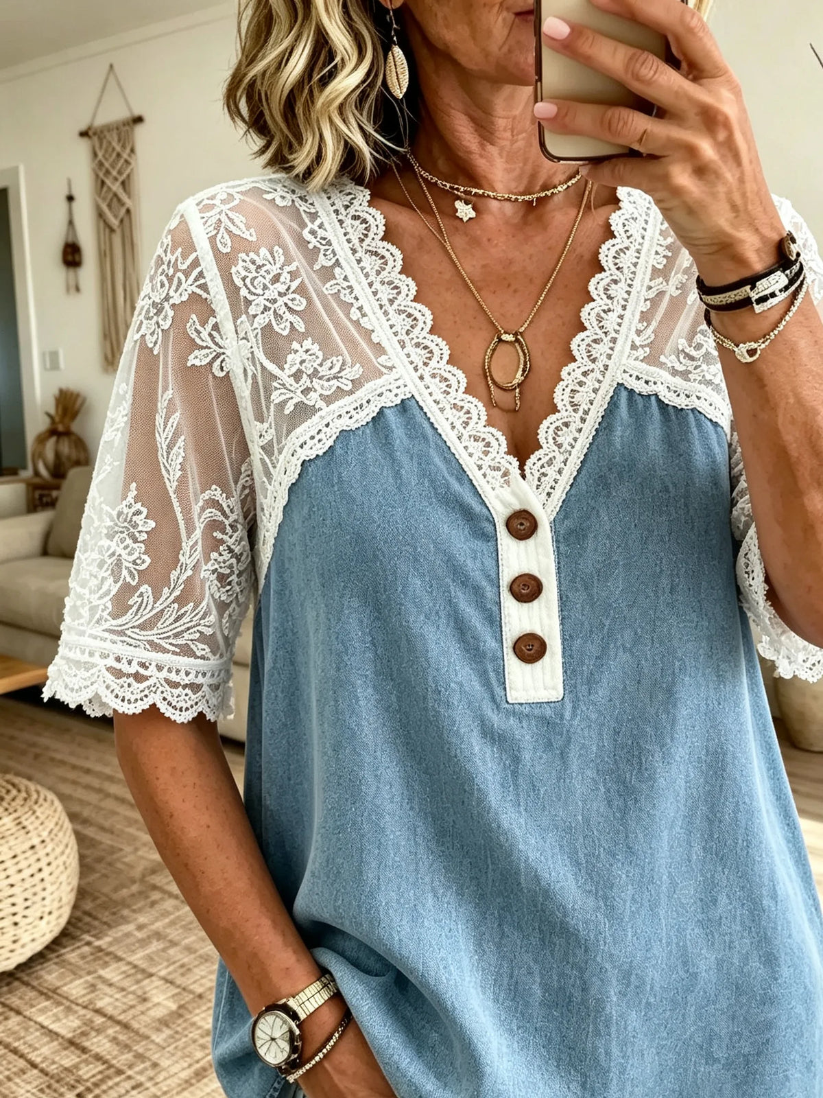 Women's Mesh Floral Lace Panel Henley Short Sleeve Denim Top