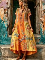 Women Dragonfly Floral Patchwork Print V-Neck Maxi Dress