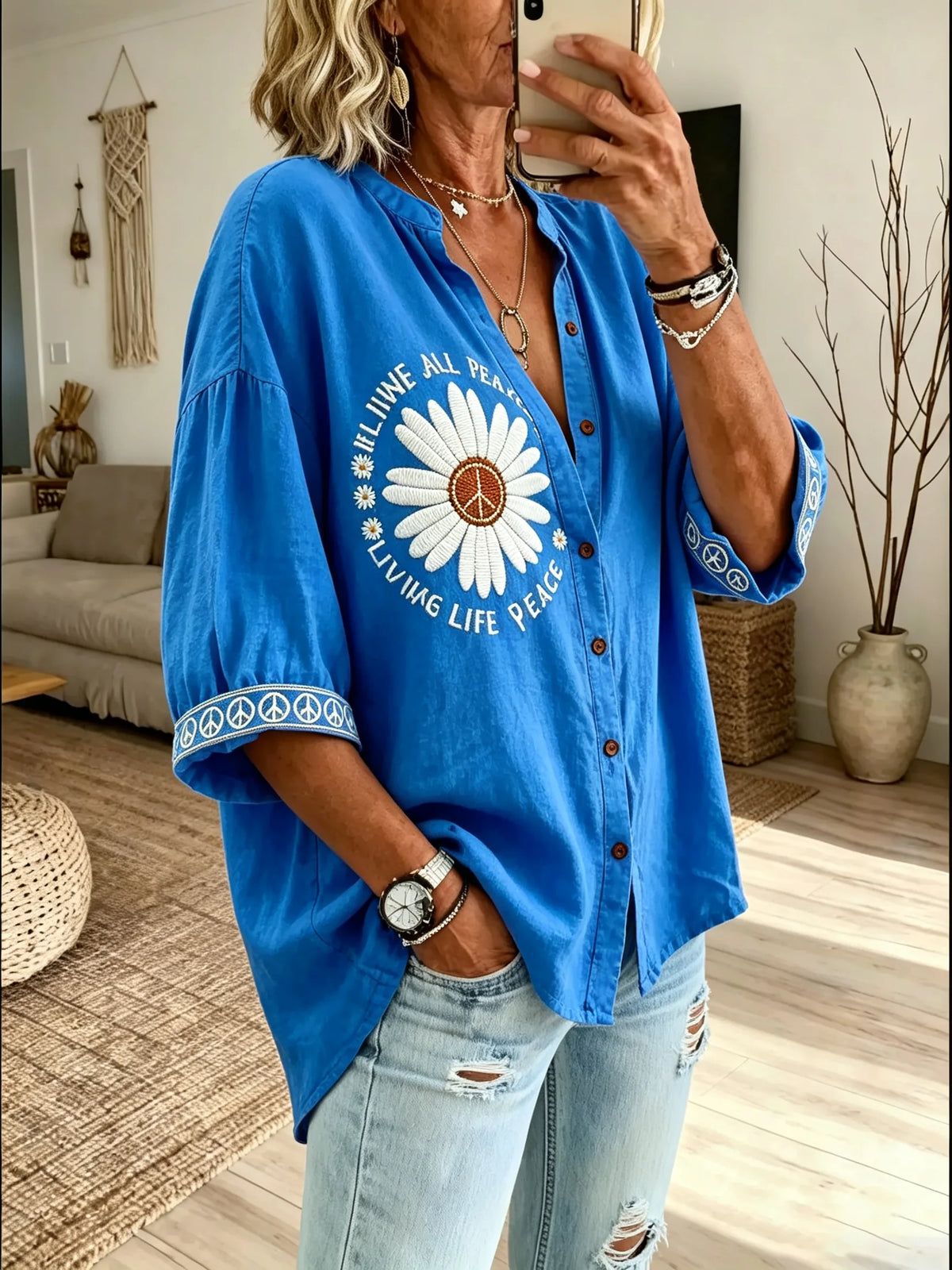 Women’s Blue Daisy Peace Print Shirt