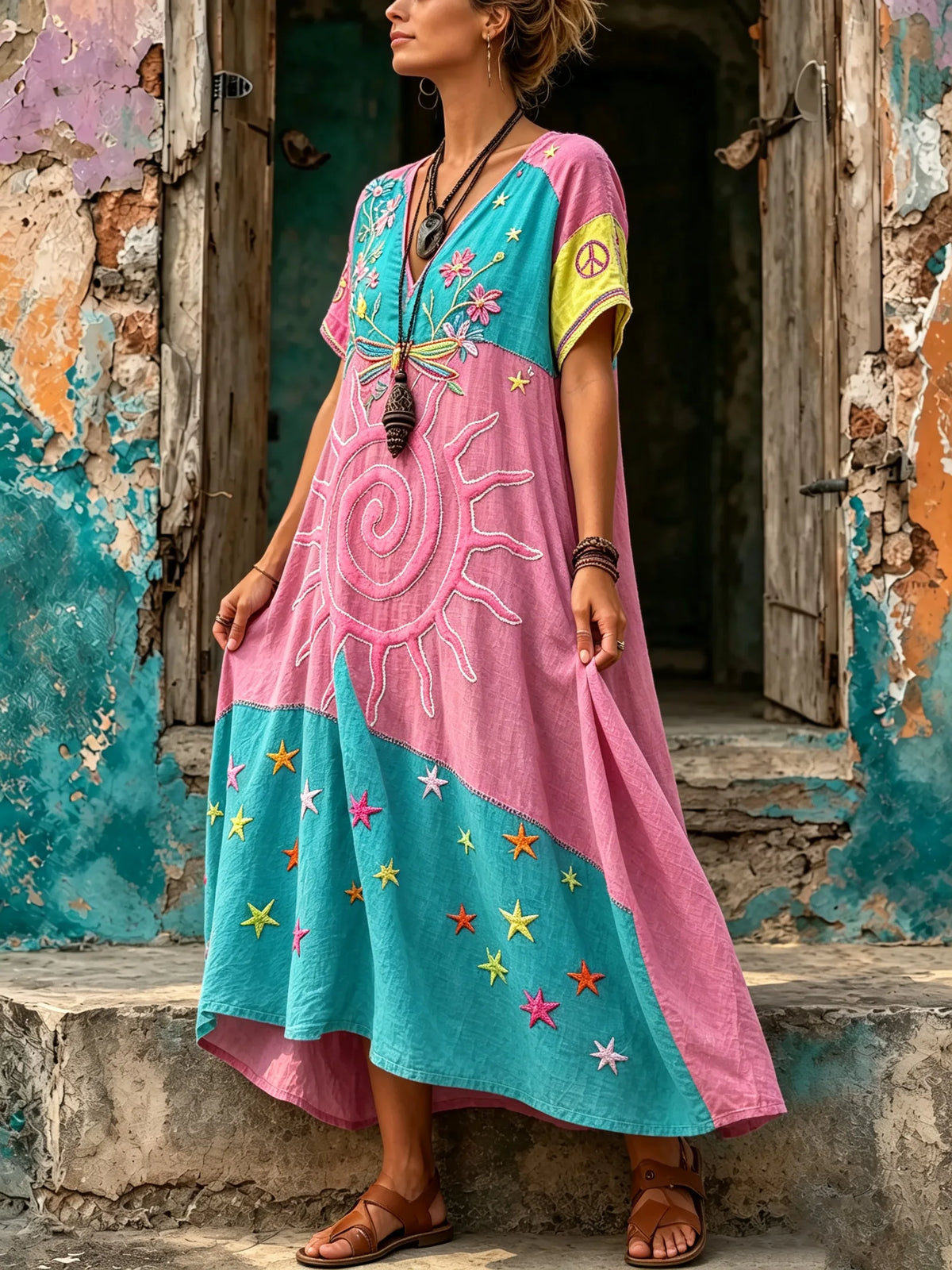 Women Sun Star Patchwork Embroidery Maxi Dress