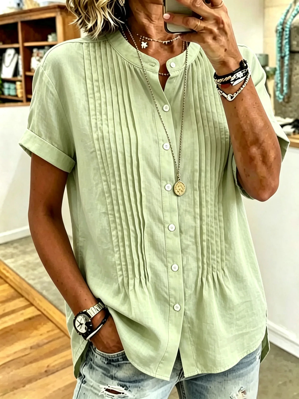 Women's Front Pleated Stand Collar Short Sleeve Linen Cotton Blouse