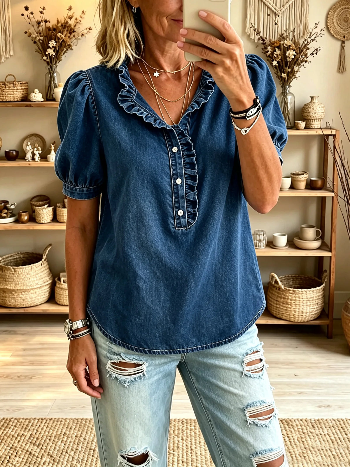 Women's Washed Denim Ruffled V-Neck Puff Short Sleeve Top