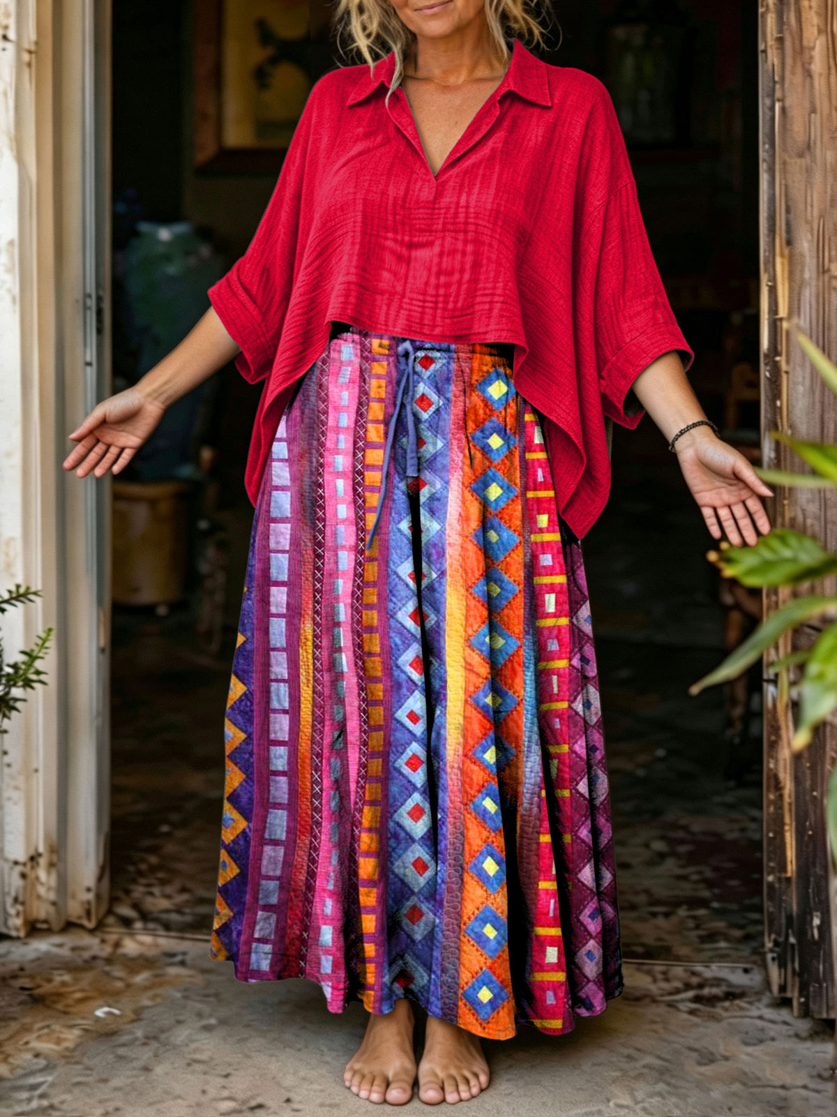 Women's Solid Red Oversized Shirt & Ethnic Geometric Print Wide Leg Pants Boho 2 Piece Set