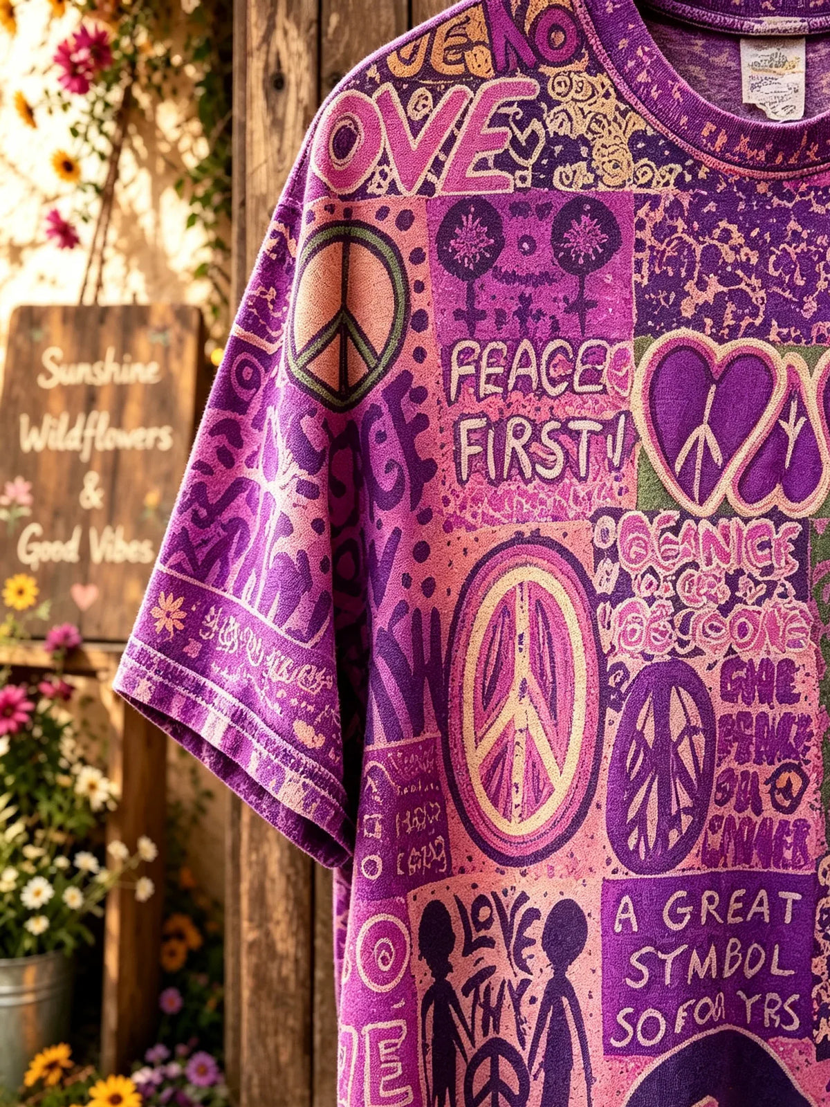 Unisex Purple Hippie Graffiti Peace Print Short Sleeve T-Shirt