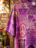 Unisex Purple Hippie Graffiti Peace Print Short Sleeve T-Shirt