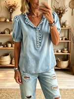 Women's Washed Denim Ruffled V-Neck Puff Short Sleeve Top