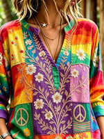 Women's Rainbow Patchwork Daisy Peace Cross Embroidery V-Neck 3/4 Sleeve Top